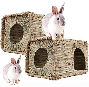 WUWEOT 2 Pack Large Grass House, Foldable Hand-Made Woven Hut for Rabbits, Guinea Pigs, Gerbils, Hamster and Small Animals, Safe and Comfortable Playhouse for Laying or Sleeping (14?11?10?)