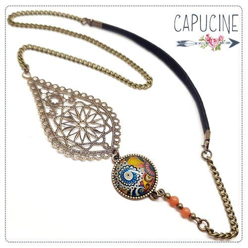 Headband avec Cabochon Verre Fleurs Bleu Jaune et Orange, Estampe et Chaîne Bronze, Accessoire Cheveux avec Élastique