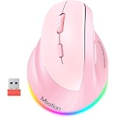 MEETION Solak Kablosuz Ergonomik Dikey Fare, Şarj Edilebilir - Pembe | &Ccedil;ift Bluetooth 5.2/3.0 + USB, RGB aydınlatma, 4 ayarla