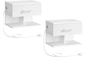 HOOBRO Uppsättning av 2 hängande sängbord med laddningsstation och låda, 1 standarduttag och 2 USB-portar för sovrum, vit EWT