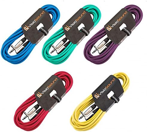5 x Guitar Lead 6.35mm 1/4" Mono Jack to Angled Jack/Instrument Cable / 5 Pack 6m Multi-Coloured
