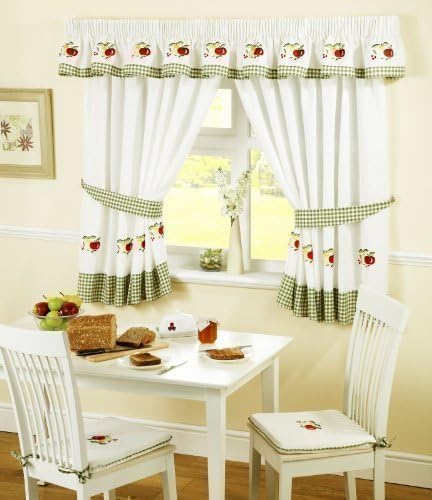 APPLES AND PEARS GREEN RED GINGHAM KITCHEN CURTAINS W46" X L42" INC TIE BACKS
