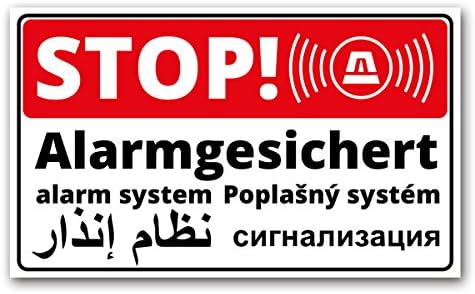"Stop &ndash; Alarm-Secured" Sign, 5 Languages: German, English, Arabic, Czech, Russian, 25 x 15 cm