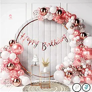 Hemito Birthday Decoration Kit 60 pc ? Rose Gold and White Metallic Balloons Combo with Birthday Banner, Arc, Glue Dot for girls Kids Baby Birthday Decoration Items | Birthday Decoration Combo