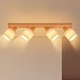Plafoniera 4 Luci In Legno E Tessuto – Lampada Da Soffitto Vintage E14 Orientabile 350° Per Soggiorno