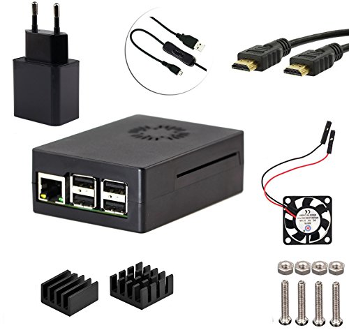5 in 1 Kits für Raspberry Pi 2, Pi 3 Modell B, 5V/2500mA Adapter+ABS Schwarz Gehäuse+Ein/aus Kabel +HDMI zu HDMI Kabel+ Lüfter + Kühlkörper