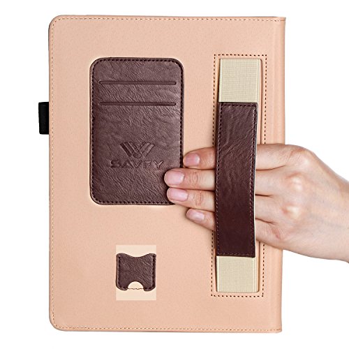 SAVFY iPad 2/3/4 Hülle Auto Sleep Wake up Funktion Business Serie Case Smart Cover mit Klettverschluss Handschlaufe, Kartensteckplätze braun - 4