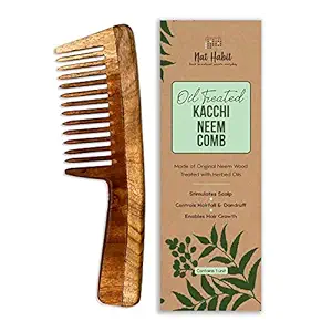 Nat Habit Kacchi Neem Comb, Wooden Comb | Hair Growth, Hairfall, Dandruff Control | Hair Straightening, Frizz Control | Comb for Men, Women | Treated with Neem Oil, Bhringraj & 17 Herbs (Wide Tooth)