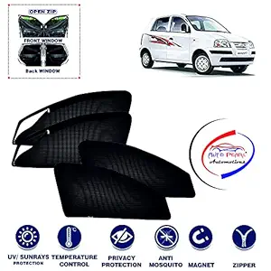 Auto Pearl Zipper Magnetic (Front / Rear) Cotton Mesh Fabric Sun Shades Car Curtain for - Santro Xing - Set of 4 pcs- (Color Black)