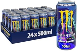 Monster Energy LH44 Lewis Hamilton– 24 Lattine da 500 ml, Energy Drink Zero Zuccheri con Caffeina, L-carnitina, Bevanda Energetica dal Gusto Morbido di Pesca, Vegan