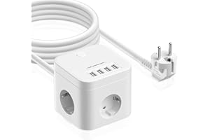KEAGAR Kostka z 3 gniazdami USB, 3-krotny adapter z przełącznikiem, wtyczka wielokrotna, bez kabla (+ 1,5 m niezależny przedłużacz), kolor biały, do biura, domu, podróży