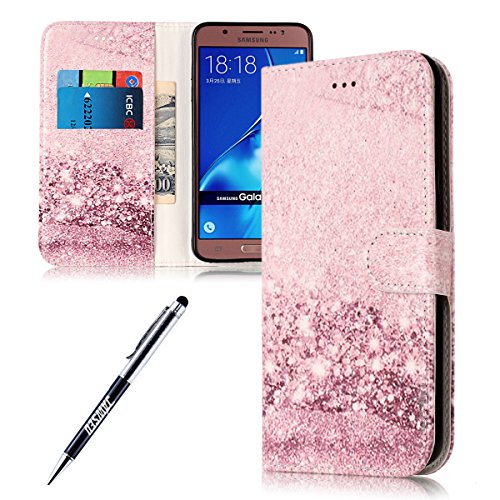 Case Samsung Galaxy J7 2016, Cover Samsung Galaxy J7 2016, JAWSEU Samsung Galaxy J7(2016) J710F Phone Case Luxury Marble Design Premium PU Leather Flip Cover for Samsung Galaxy SM-J710F Protector Bumper Skin with Soft Silicone Case Credit ID Card Slots Magnetic Closure Kickstand Strap Smartphone Shell Wallet Pouch Protective Case for Samsung Galaxy J7 2016 + Stylus Pen - Rose Gold Marble