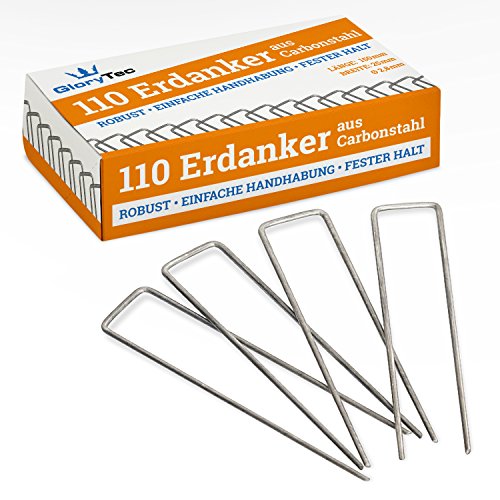 Glorytec Grapas de sujeción para el jardín - 110 Grapas para el Suelo de Acero carbonizado - 2,8 mm de diámetro, 150 mm de Largo y 25 mm de Ancho - Adecuadas para la fijación de la Tela Anti malezas