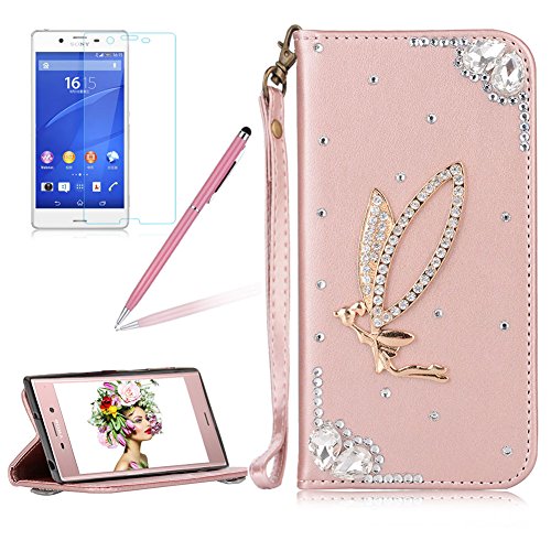 Preisvergleich Produktbild Girlyard für Xperia XA1 Diamant Lederhülle, Bling Glitzer DIY Crystal Schutzhülle Luxus Premium PU Flip Case mit Lanyard Strap Standfunktion Kartenfach Magnetverschluss Etui für Sony Xperia XA1 Golden Engel