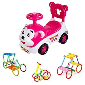 NHR Combo Monkey Ride On Baby Push Car and Extra Storage Space, Non Slippery Wheels with 138+ Pieces Stick Blocks for Toddlers (Weight Capacity 20 kg, Pink)