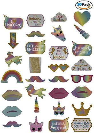 30 Pcs Funny Rainbow Unicorn Photo Props Birthday Party Decoration Favors Supplies for Kids