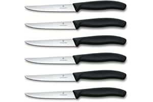 Victorinox Swiss Classic Lot de couteaux à steak et pizza pour pros, 6 pièces, Couteaux de table, Dentés, Tranchants, 11 cm, Poignées plastique solides, Noir