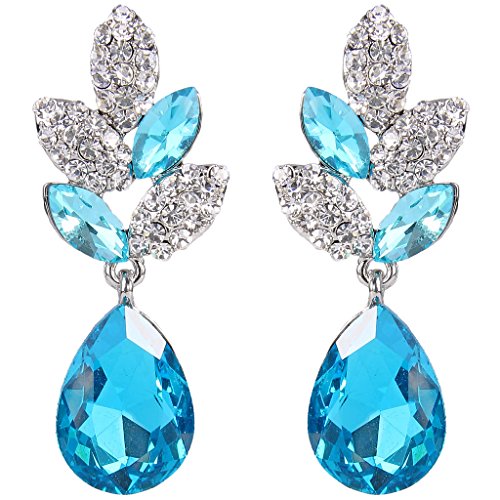 Ever Faith® - Plata-Tono Hoja Gotas de Lágrimas Azul Cristal Austriaco Pendientes Perforados N03198-2