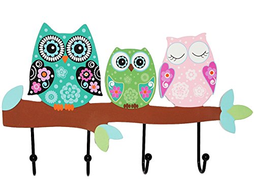 Garderobe – Eulen auf dem Ast – aus Holz – Wandhaken Kindergarderobe / Garderobenhaken – mit 4 Kleiderhaken – Kind Wandgarderobe – bunte Eule auf Ast Vögel Tiere Holzgarderobe Garderobenhaken - 4