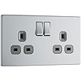 BG Electrical Double Switched Power Plug Wall Socket, Flatplate Screwless, Brushed Steel, Grey Inserts, 13A, FBS22G