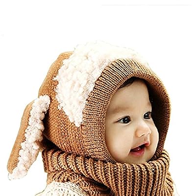 Sunroyal Bonnet Chapeau enfant Hiver Unisexe Cagoules fille Garçon Bébé pour Ski Vélo Protection Tour de Cou et Visage, Sunroyal Bonnet de Laine Tricote Lapin Oreilles Ensemble Bonnet Echarpe Châle - Marron