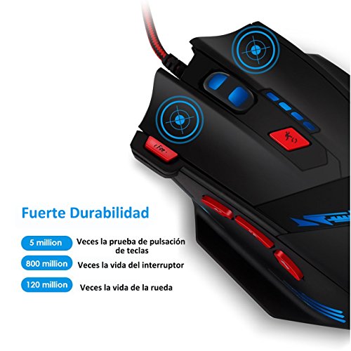 TopElek Rat  n Gaming profesional 9200 DPI  Ajuste de Peso  8 botones 13 modos de led luz para Gamer de alta precisi  n con cable 6 DPI ajustable 7 Color Ciclo de respiraci  n Win 8 7 XP Vista Mac OS