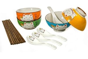 Lachineuse - Coffret Vaisselle Chat Maneki Neko - 4 Bols, 4 Paires de Baguettes & 4 Cuillères - Coffret Bols à Riz, Petit Déjeuner & Soupe - Vaisselle Japonaise Couleur - Cadeau Japonais - Déco Japon