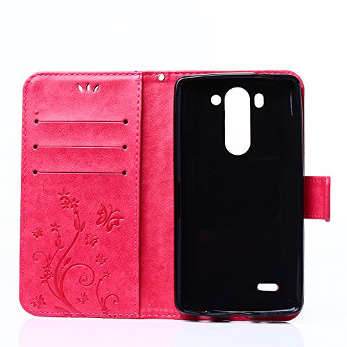LG G3 S / G3 Mini Leder Hülle ,SKYXD Drucken Schmetterling Blumen Prägung Motiv PU Folio Ledertasche [ Standfunktion / Magnetverschluss / Kartenfächer] Einfarbig Handyhülle 3 in 1 Handytasche mit Eule Staubstecker + Eingabestift für LG G3 S / G3 Mini Schutzhülle – Rot - 2