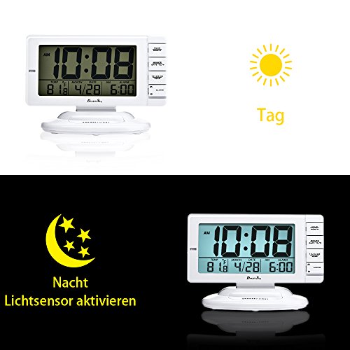 DreamSky Digitalwecker Tischuhr, Uhrzeit, Alarmzeit, Datum, und Temperaturanzeige, laut, ansteigender Weckton, Schlummerfunktion, 5,5 Zoll großes LCD Display mit intelligenter Hintergrundbeleuchtung, Batteriebetrieb, Weiß - 4