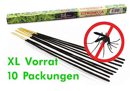 10 Packungen Citronella Anti Mücken Räucherstäbchen, Brenndauer ca. 60h (gesamt). XL Vorrat als Alternative zur Citronella Kerze oder Teelichter für draußen / im Garten