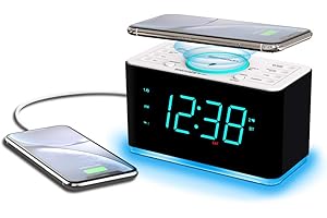 Emerson ER100401 Smartset Alarm Clock Radio, 15Watt Ultra Fast Wireless Charging Dual Alarm Clock Radio with Bluetooth Speaker, USB Charger, Cyan LED Night Light and 1.4" Display