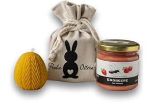 ‎GREGA´S IMKEREI Gregas Imkerei Oster-Honig-Geschenkset – Ostersäckchen mit Hase, 250 g Honigglas deiner Wahl und Osterstern Bienenwachskerze – perfektes Mitbringsel & Geschenk für Ostern. (Erdbeere im Honig 250 g)