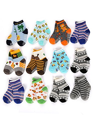 Dimore Cotton Non-skid Baby Socks-have Anti-skid Particles Baby Socks Gift Set-12-pack Bright Colored Socks-newborn Footie(2 Style) (car)