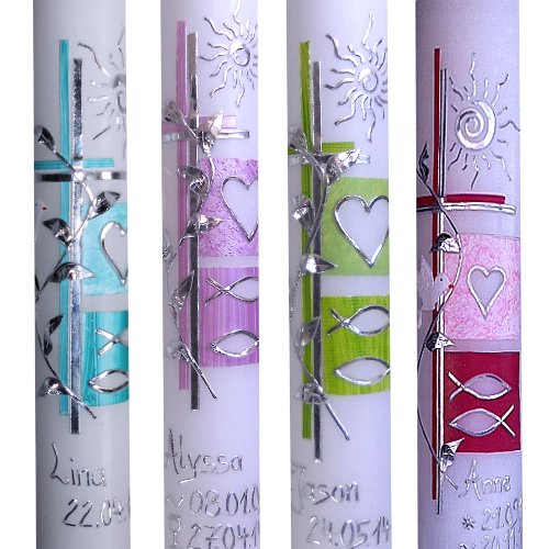 Taufkerze Kommunionkerze Mädchen Junge Sonne Herz Fische Taube 400x40mm mit Namen Datum Farbe wählbar ITP161