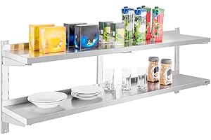 Royal Catering Étagère Murale Rangement Cuisine 2 plateaux RCWR-160.2 (160 cm de long, éléments pour montage mural, design moderne, inox)
