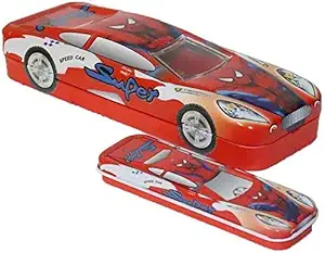 SPOCCO | Multicolour Cartoon Printed Car Shape Metal Pencil Box with Small Car for Boy and Girl (Color and Print May Vary) PC-15