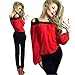 Produktbild Damen Langarmshirt, Absolute Sexy Schulterfrei Langarm Shirt Lace Chiffon Bluse Lose Top T-Shirt Tanktop Lässige Bluse Frauen Neckholder Pullover Trägertop (L, Warm Rot)