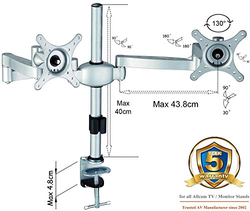 MDM05 Dual LCD Monitor Stand w/ Swivel Arm & desk clamp: twin LCD Monitors/TVs on one table in Silver - 2