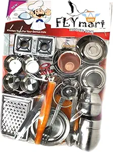 Steel Kitchen Set Toys for Kids | Role Playing Kitchen Set in Stainless Steel with Wooden Chakla Belan Set | Master Chef Role Playing Kitchen Set Master Chef | (Set 4)