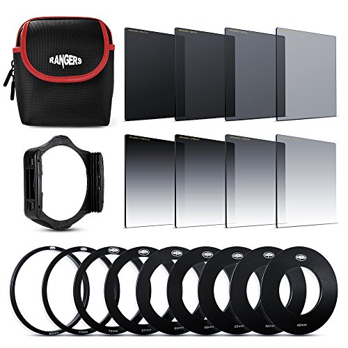 Rangers 8pcs Kit del filtro del ND (completo y ND2 graduado, ND4, ND8, filtros ND16, óptica) 9 Adaptadores de filtro Anillo (49-82mm) + 1 Adaptador ABS + Bolsa de transporte RA109