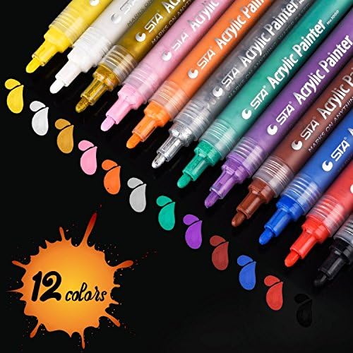 Acrylic Paint Markers Pen, Art Permanent Paint Pens for Painting on Rock, Glass, Canvas, Fabric, Metal, Wood, Ceramic, Easter Egg, DIY Craft Projects, Set of 12 Colors