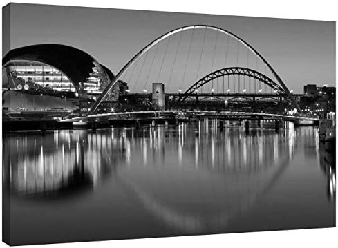 Canvas Picture Tyne Bridges at Night in Black and White - stretched and mounted around a 22 x 14 inch (56cm x 36cm) wooden frame by Pixel Zone
