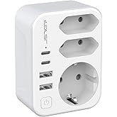 JSVER European to American Plug Adapter, Travel Adapter with 3 A Outputs and 2 USB, Spanish to US Plug Adapter, Type B Plug f