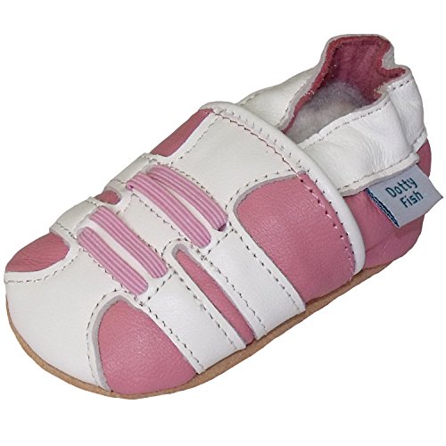 Soft Leather Baby girl Shoes with Suede Soles by Dotty Fish Pink and White Trainer design - 6-12 months