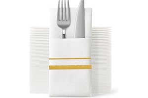 SUZZYVINE Disposable Golden Dinner Napkins with Built-in Flatware Pocket,Cloth Like Lunch Napkins for Wedding Party Linen Feel, 100 Count 16" x 16"