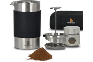 Handpresso Travel Press, cafetiere a piston compacte (INOX) double paroi isolante, 0,35 l (3 Tasses), Kit mini cafetière portable de voyage avec étui de transport, boite pour café moulu