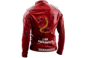 Fashion_First Mens Biker I am Venomous Last Bite Serpents Studded Spikes Red Motorbike Leather Jacket
