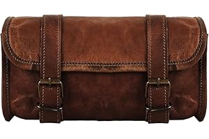 american blue Sacoche de moto vintage en cuir de chèvre véritable avec fermeture à boucle à 2 sangles, sac à outils marron à dégagement rapide renforcé pour guidon, fourches, sacoche de vélo en cuir