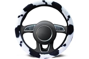 CYSOCOOL Cow Pattern Fluffy Car Steering Wheel Cover Non Slip Soft Furry Plush Winter Warm Vehicle Car Steering Wheel Protector Universal Automotive Steering Wheel Cover Fit 37-39cm