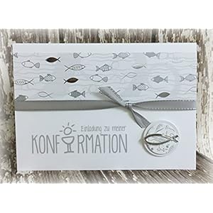 Einladung Einladungskarte Kommunion Konfirmation Fisch Fische personalisierbar blau silber silberglänzend grau